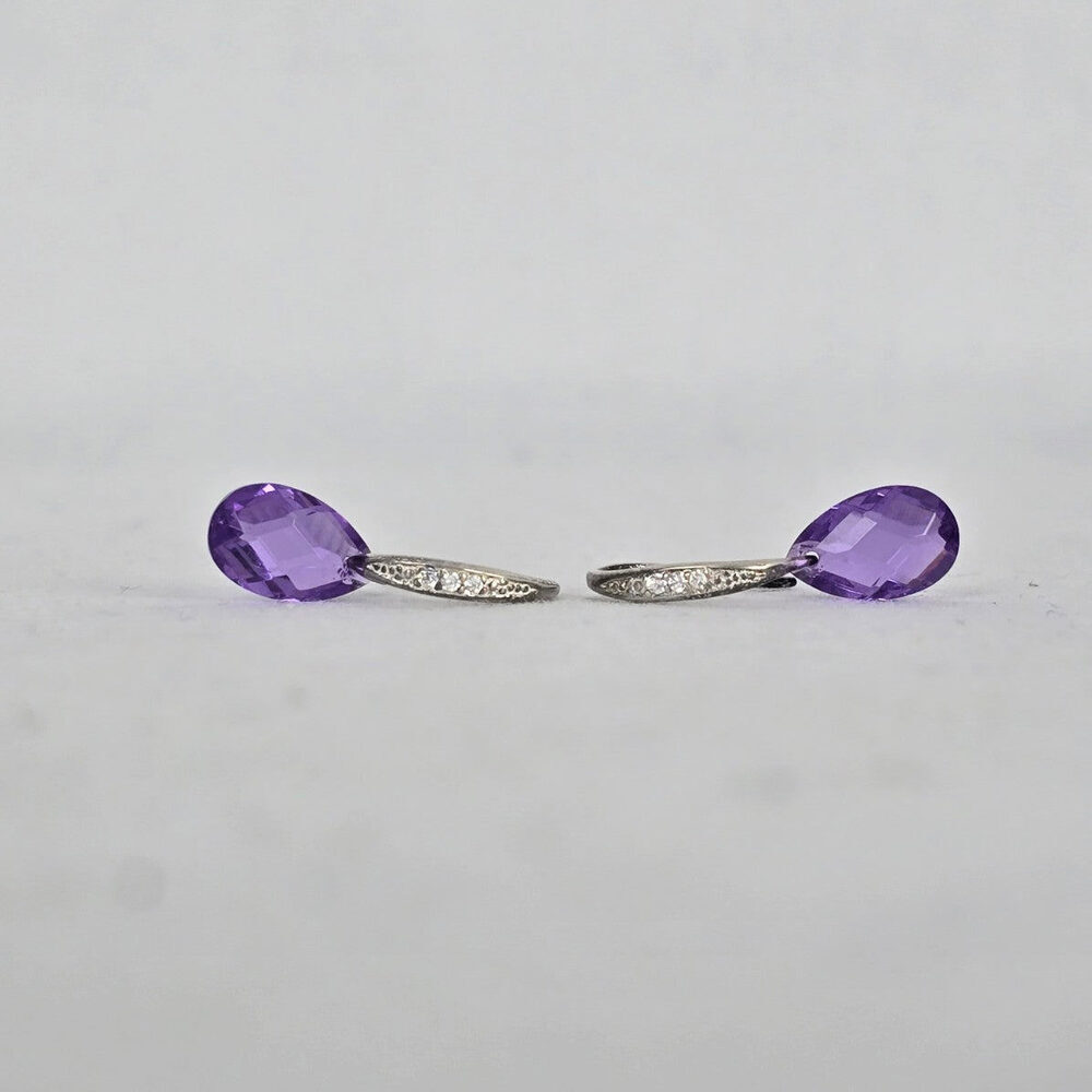 Sterling Silver 925 Purple Drop Dangle Earrings Minimalist CZ Accent